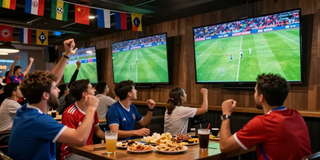 Fans gathering at a sports bar to watch live soccer matches, energized atmosphere highlighting cakhiatv broadcasts.