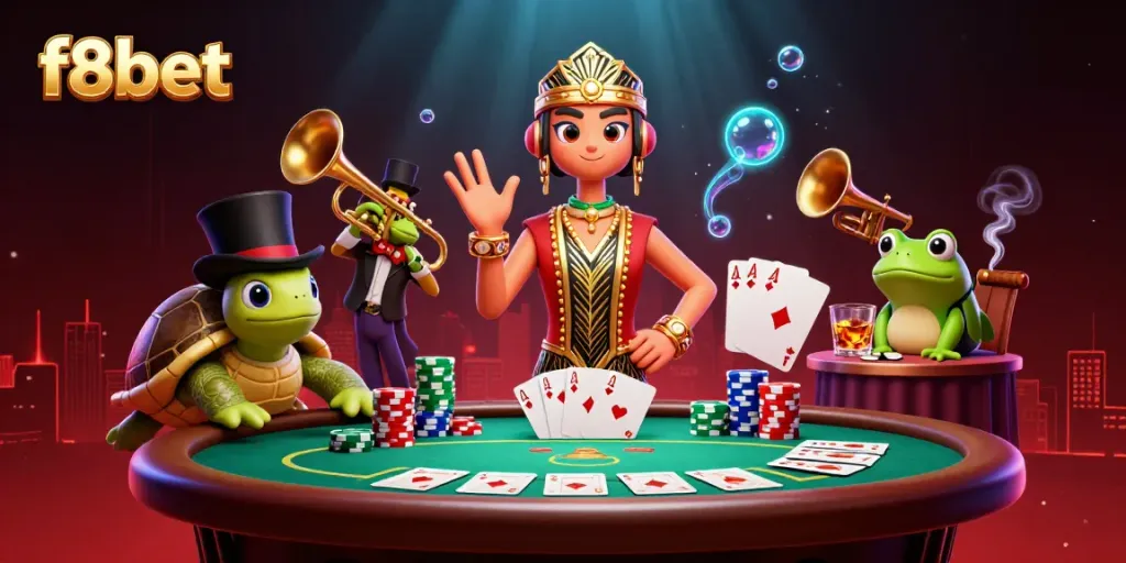 Engage in thrilling poker gameplay with f8bet's vibrant casino scene showcasing characters and game elements.