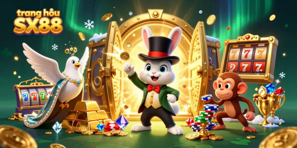 Spin to Win at trang chủ SX88 with vibrant casino-themed characters and dazzling treasures.