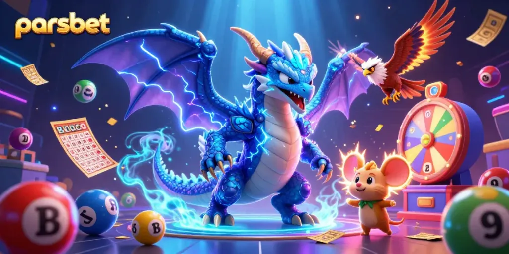 Experience the excitement of parsbet as a thunder dragon and friends revel with colorful lottery elements in a 3D casino scene.