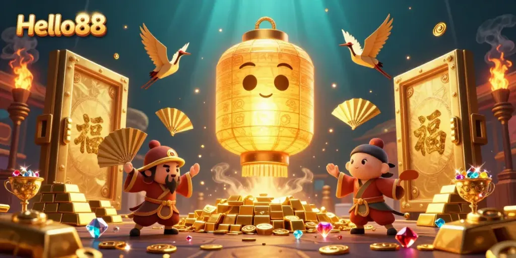Experience exhilarating gaming at Hello88 with a vibrant night market casino scene filled with treasures.