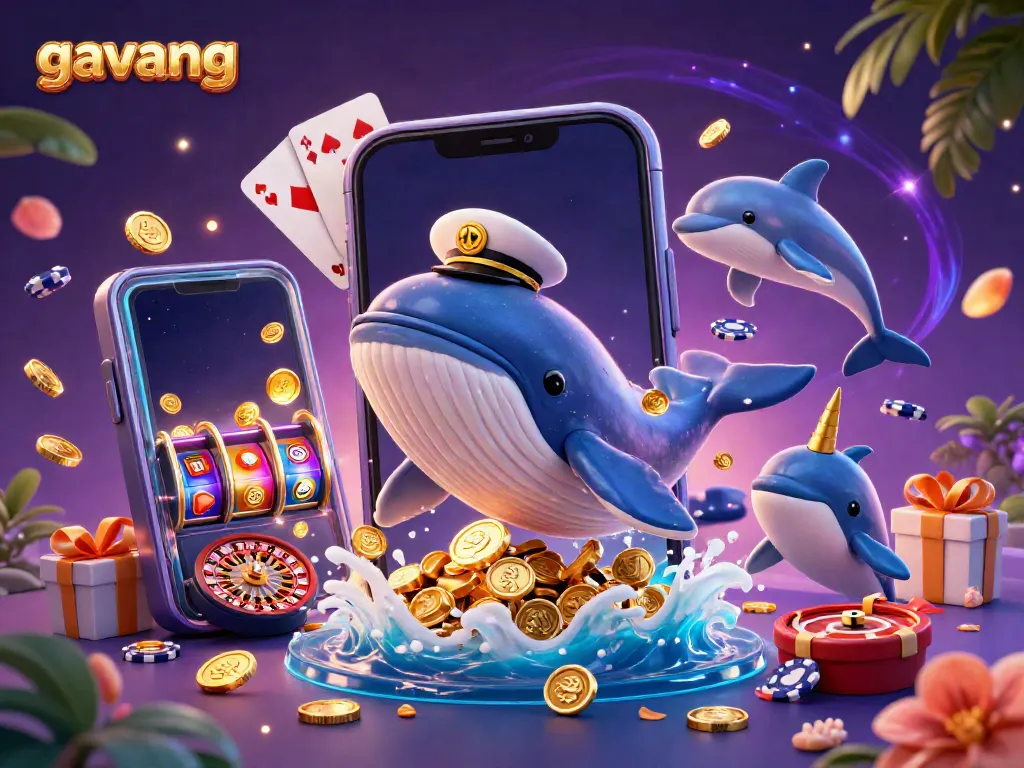 Engage with the thrilling experience of gambling as a gigantic 3D whale decorates a vibrant scene full of coins and casino elements, showcasing gavang.