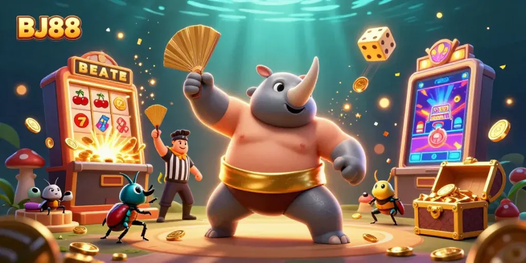 Experience exciting gameplay at BJ88 with a dynamic 3D casino scene featuring vibrant gameplay elements.