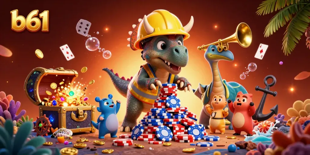 Watch the b61 triceratops stack poker chips while enjoying a lively casino scene.