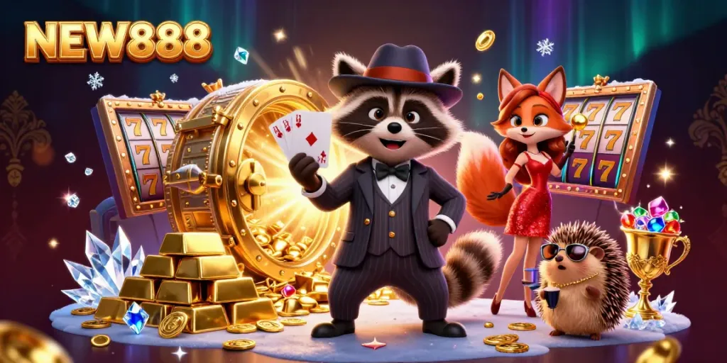 Experience the thrill of NEW888 with a dynamic casino scene featuring a suave raccoon, a fox lady, and a hedgehog bouncer.