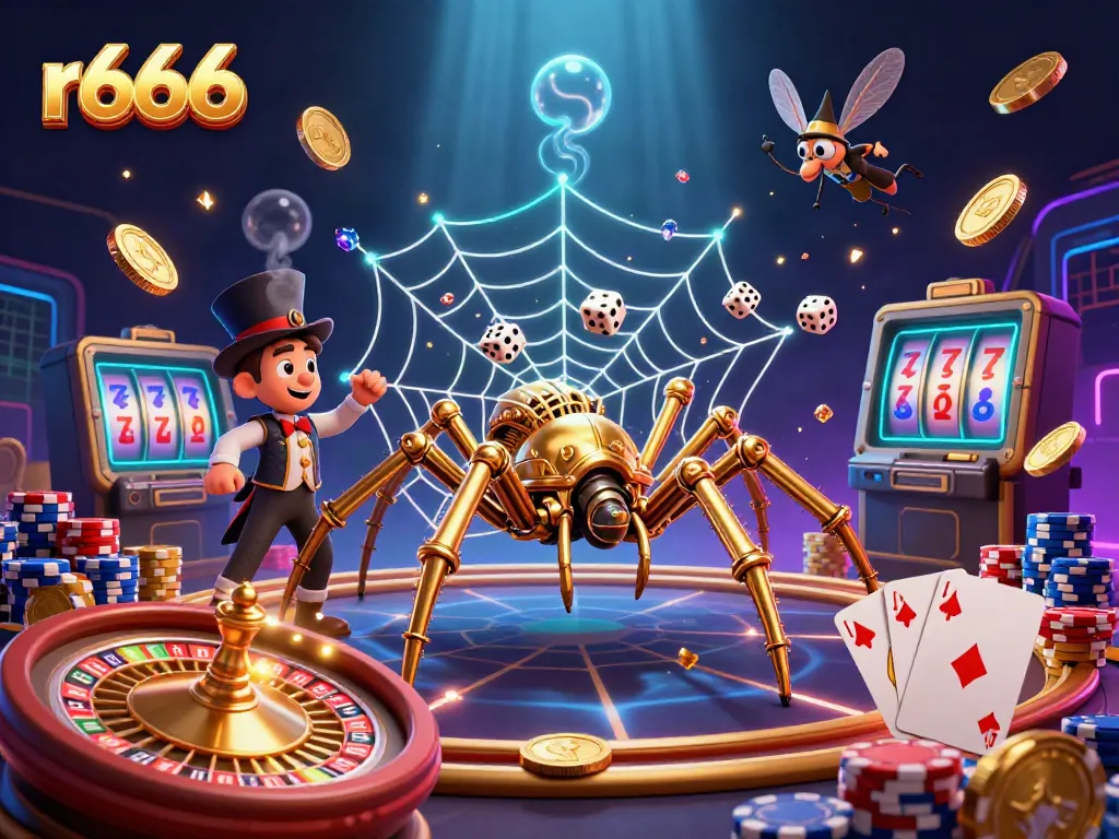 Catch winning dice in the web of r666, surrounded by cascading coins, cards, and vibrant gaming elements.