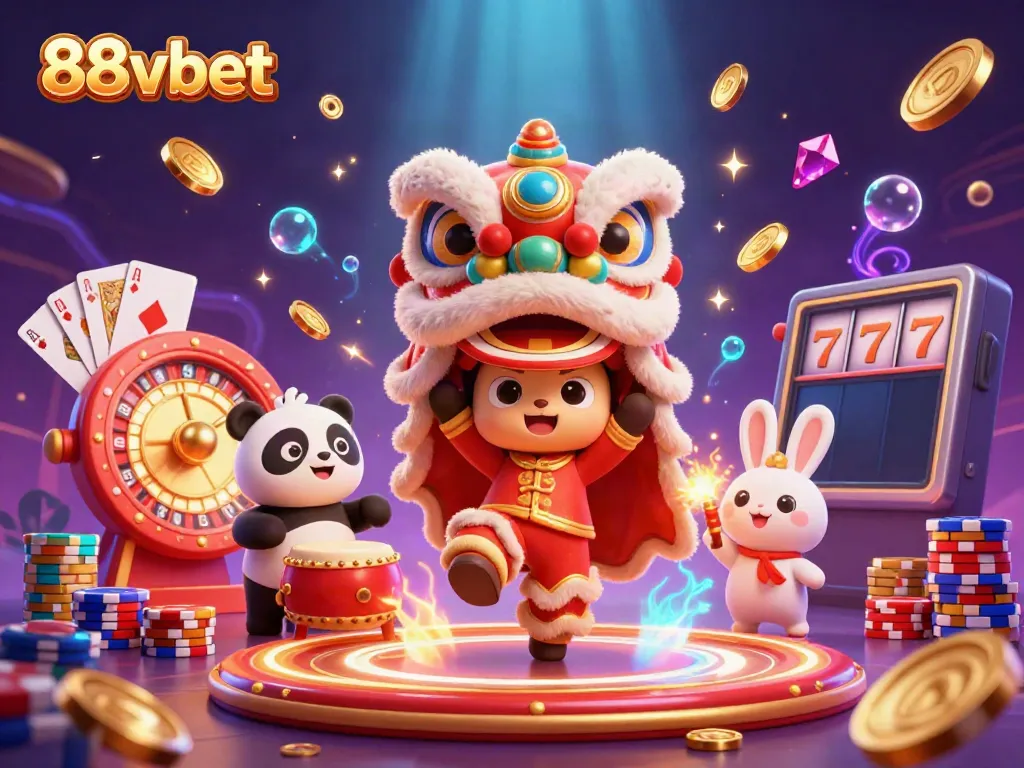 Engage with 88vbet's vibrant casino scene featuring a lion dance, gold coins, and playing cards.