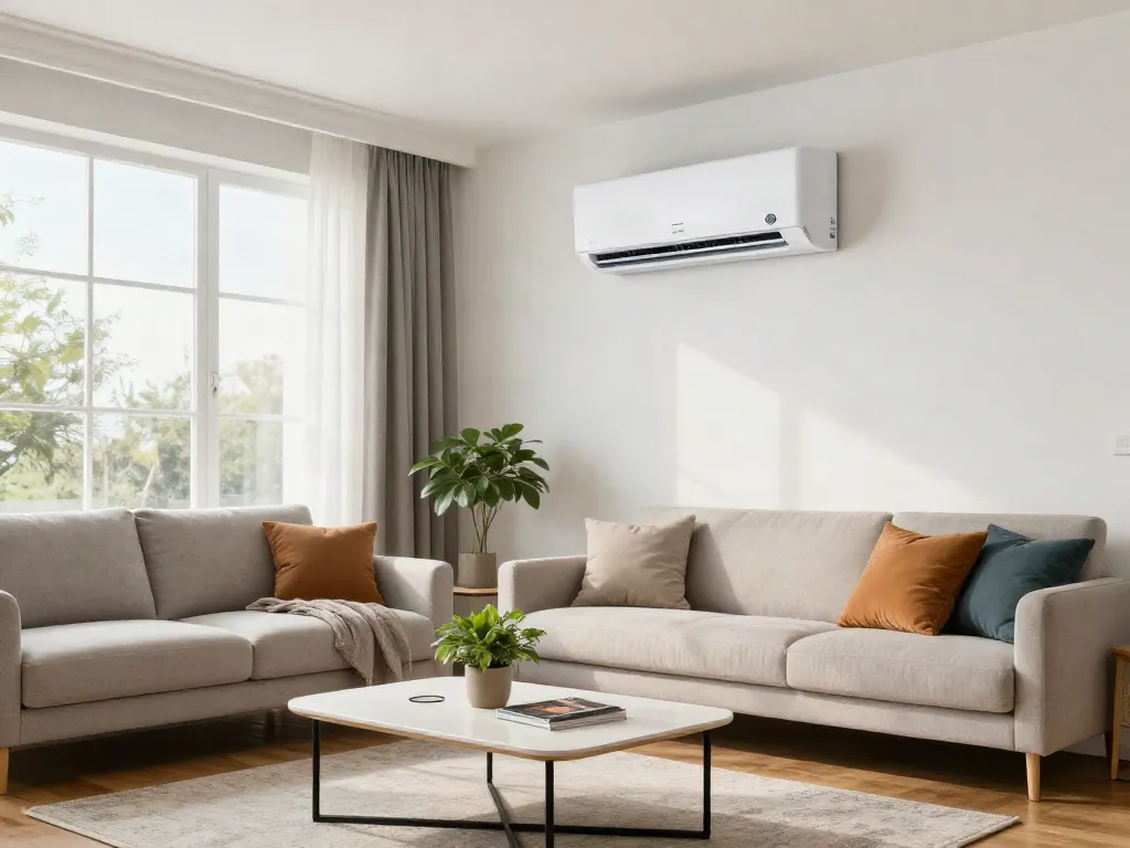 Modern living room showcasing mini split ac for efficient cooling in stylish interior.