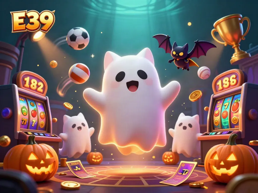 E39 players enjoying a thrilling jackpot experience in a haunted casino, with dynamic game elements surrounding them.