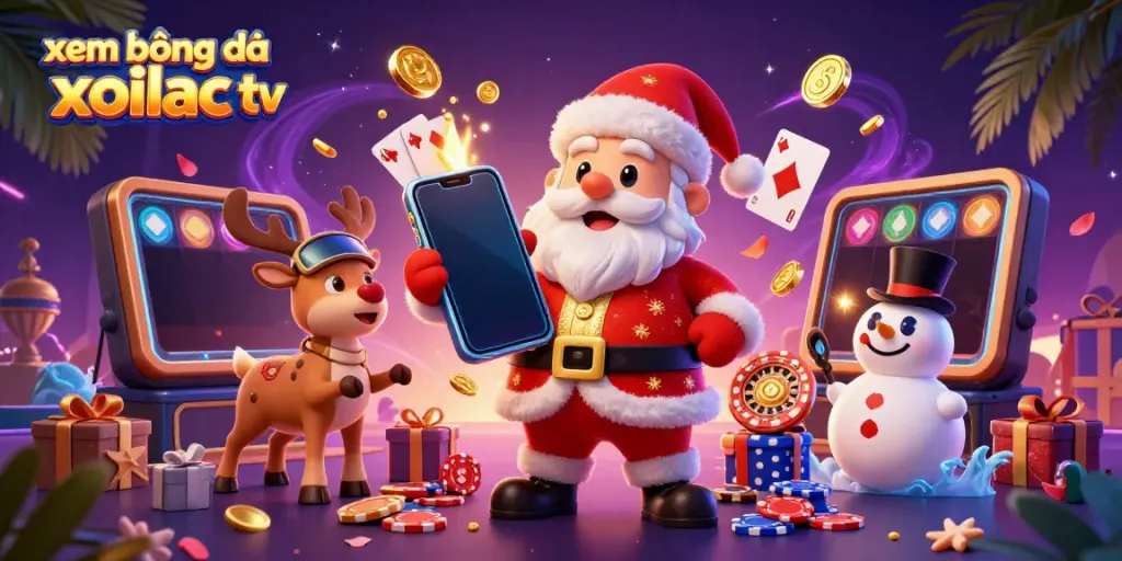 Xem bóng đá xoilac tv illustrated scene with Santa, reindeer, and snowman enjoying a casino atmosphere.