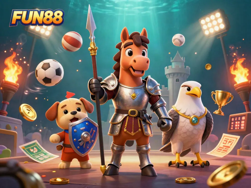 Experience dynamic FUN88 gaming with a knight, puppy, and falcon in a lively casino scene.
