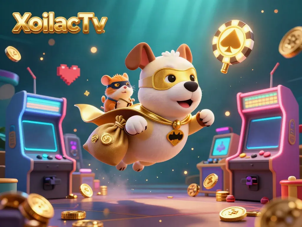 XoilacTv offers an exciting view of a superhero dog flying with coins, surrounded by slots and gaming elements.