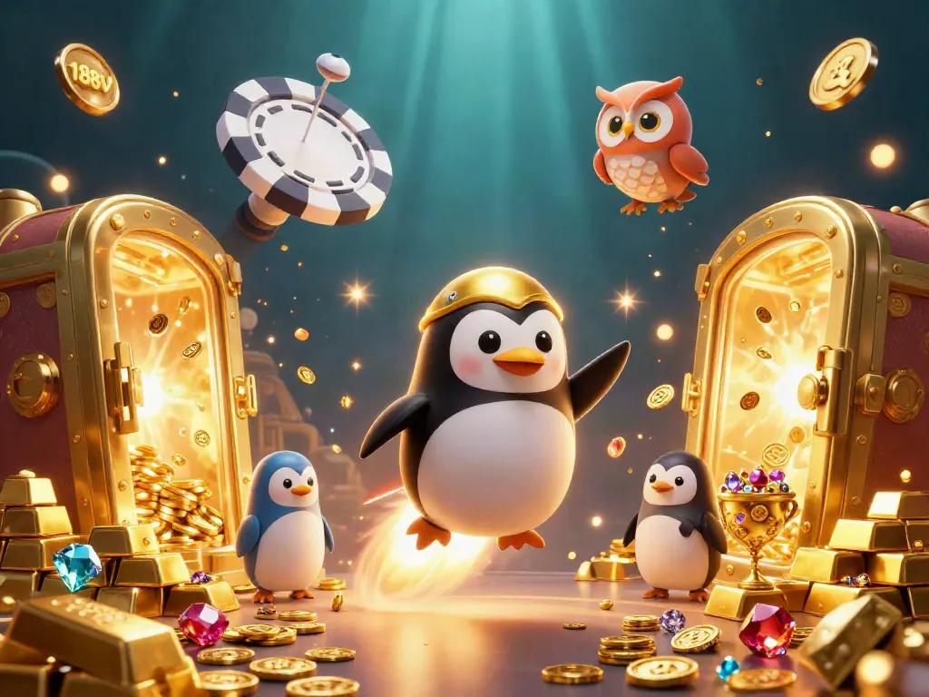 Experience the thrill at 188V with a golden penguin soaring toward a casino space station!