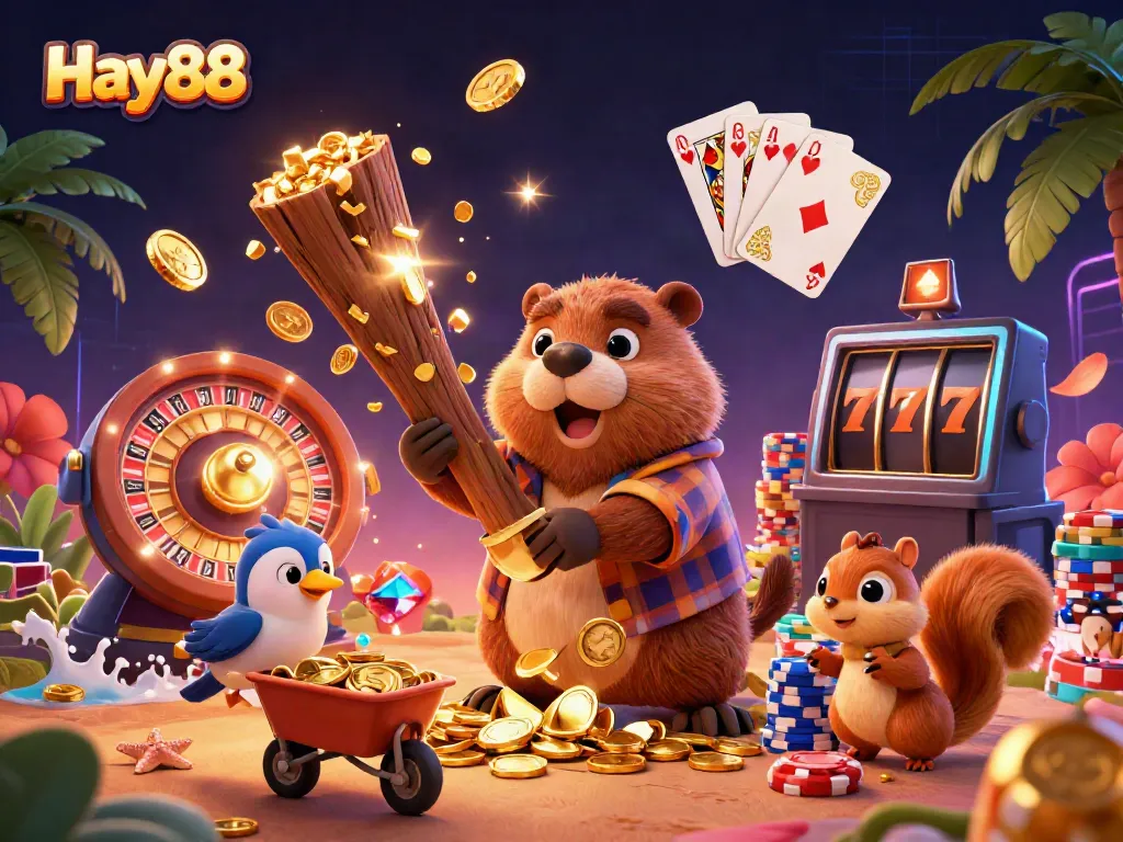 Experience the vibrant gaming world of Hay88 with a lively scene featuring a cartoon beaver, bird, and squirrel amidst cascading gold and casino elements.