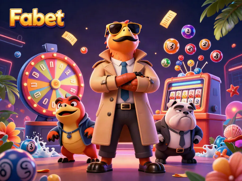 Fabet's vibrant casino scene features raptors in disguise entering a VIP lounge amidst lottery excitement
