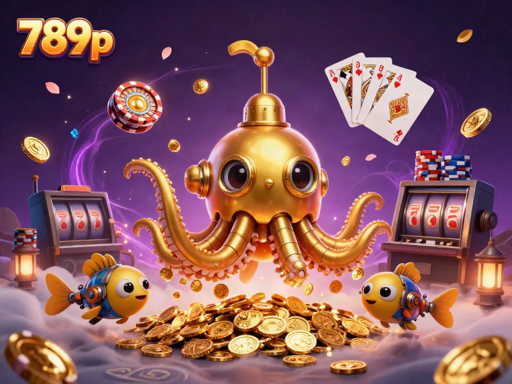 Experience thrilling gambling action at 789p with a dynamic kraken submarine surrounded by golden coins and sparkling gems.