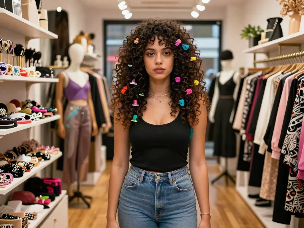 Stylish woman with curly hair extensions showcasing urban fashion in boutique