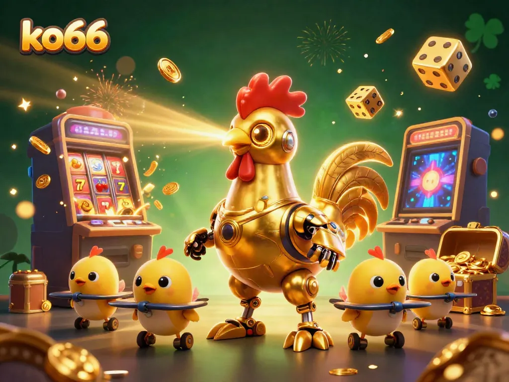 Winning big with ko66 in a jubilant casino scene featuring a golden rooster robot.