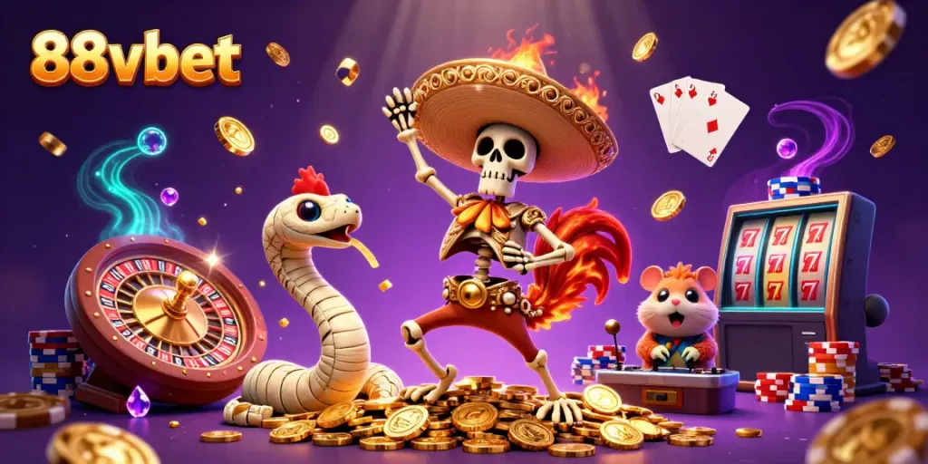 Experience exciting wins at 88vbet with a vibrant 3D illustration of casino elements and unique characters.
