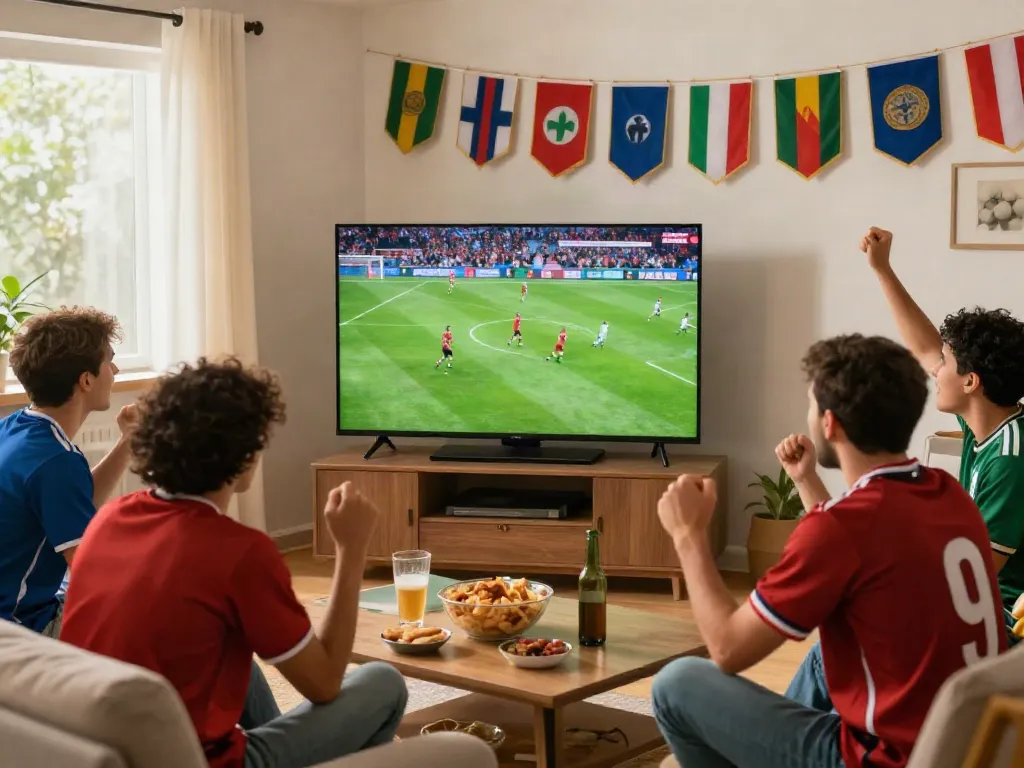 Friends enjoying a live soccer match at home, celebrating together while watching GavangTV.