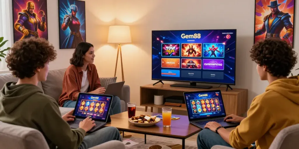 Gem88 online gaming scene with players enjoying slots and live poker in a modern home setting.