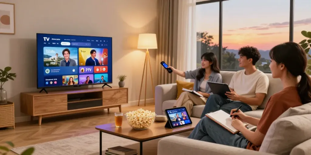 Friends enjoying IPTV Providers while watching a movie in a cozy living room