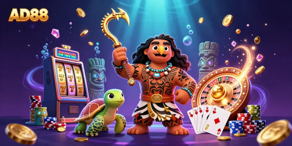 Experience dynamic gaming action with AD88, showcasing a vibrant 3D casino scene featuring engaging game elements.