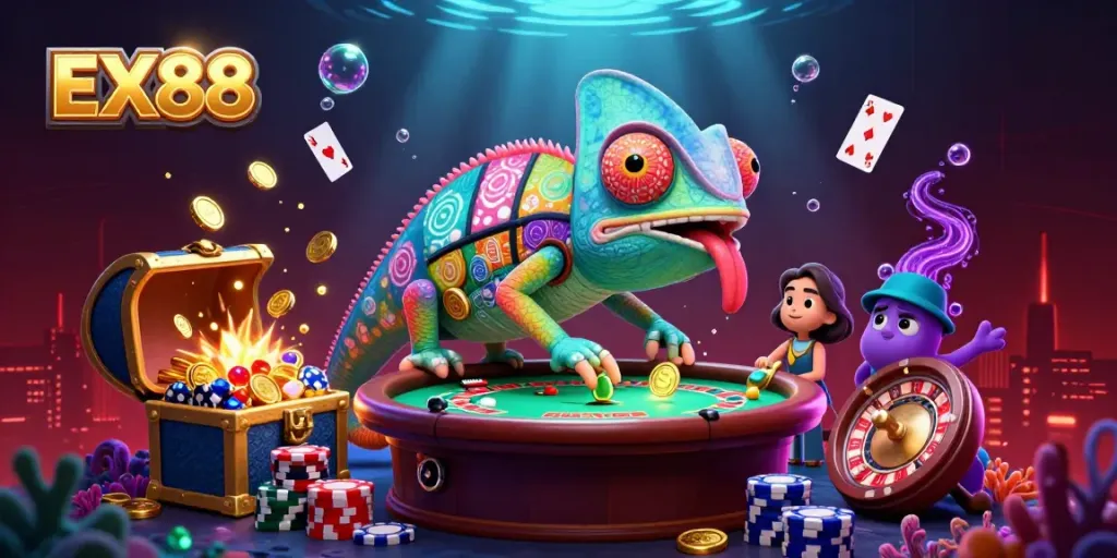Experience the vibrant EX88 casino gaming scene with a colorful chameleon and dynamic gaming elements.