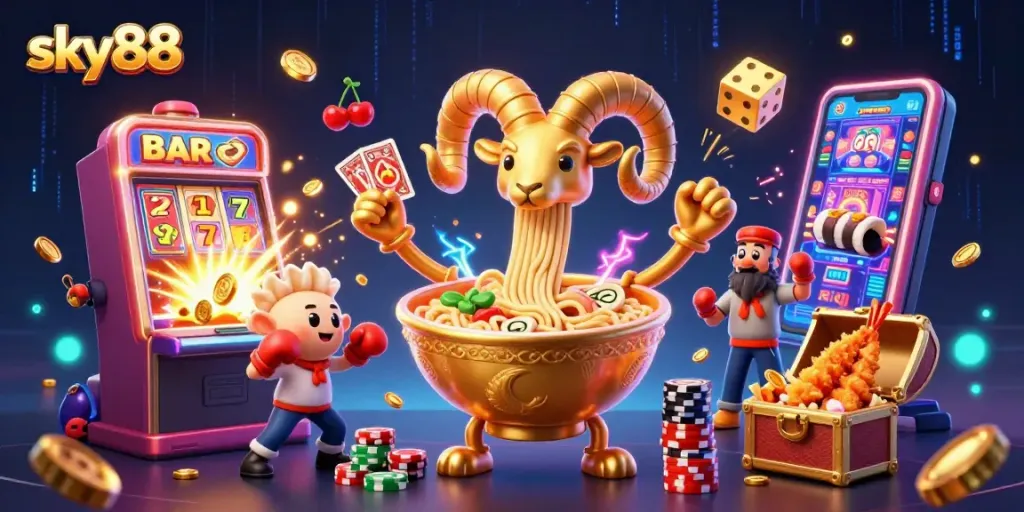 Experience thrilling gameplay with sky88's vibrant 3D casino illustration featuring dynamic characters and game elements.