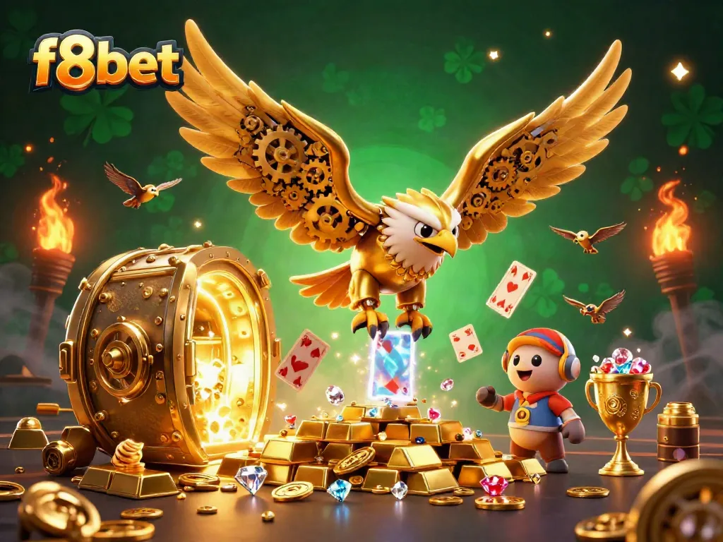 Experience the thrill of f8bet with a cybernetic eagle amidst a cascade of holographic cards.