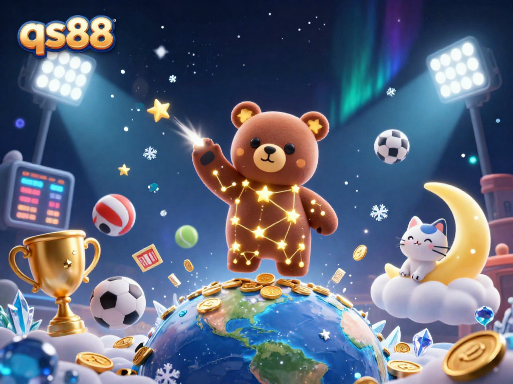 Experience the excitement of qs88 with a golden star bear scooping coins amidst dynamic sports elements.