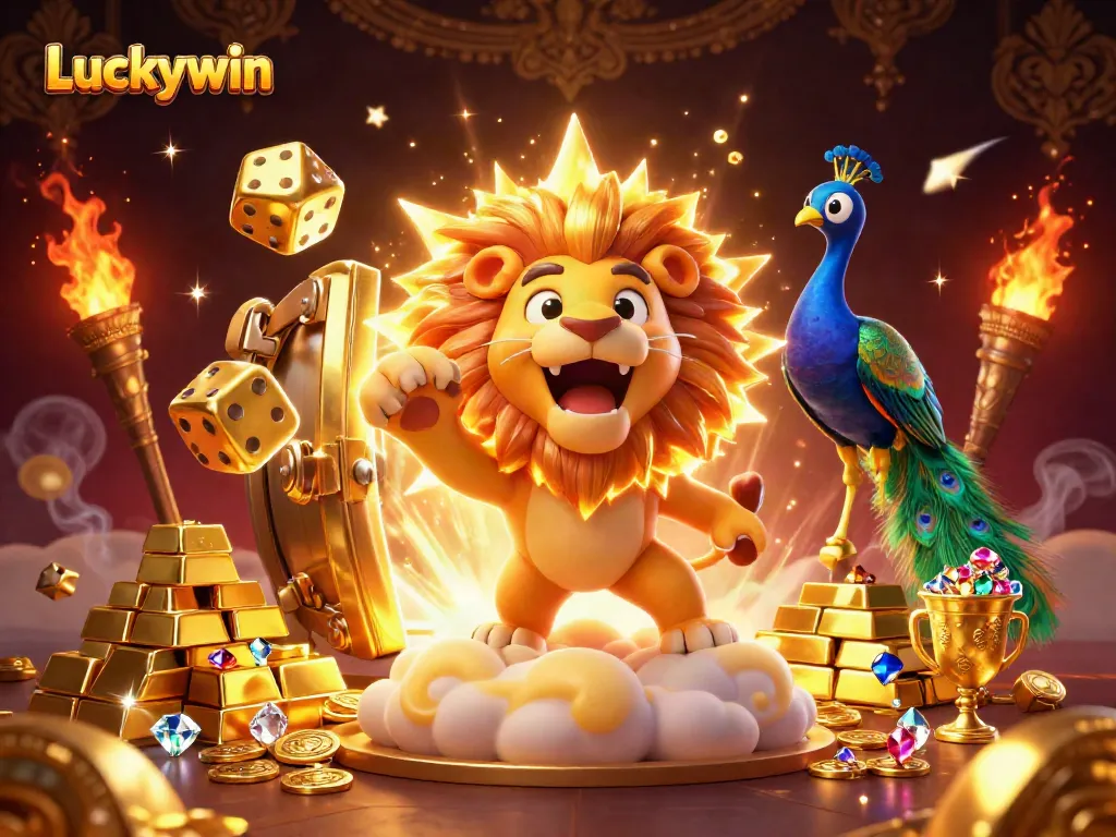 Experience the thrill of Luckywin with a dazzling 3D casino scene filled with golden treasures and vibrant characters.