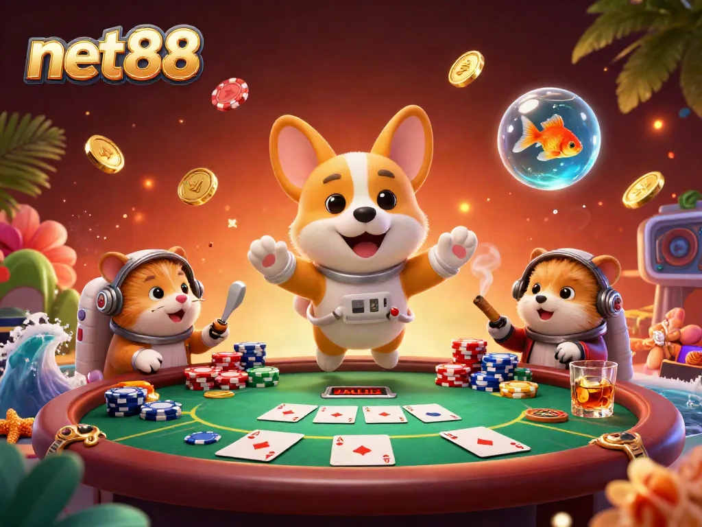 Experience the excitement of net88 with a floating astronaut corgi in a space casino, surrounded by poker elements.