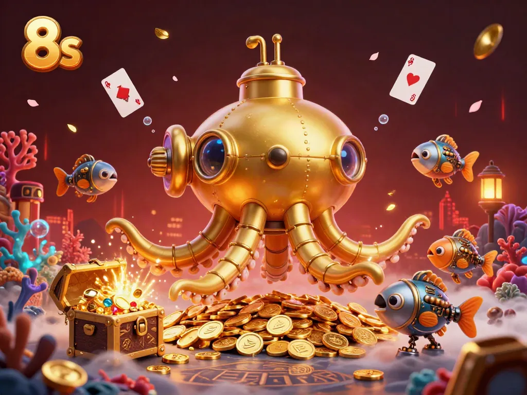 Experience thrilling wins with 8s on a sea of golden coins in this vibrant casino scene.
