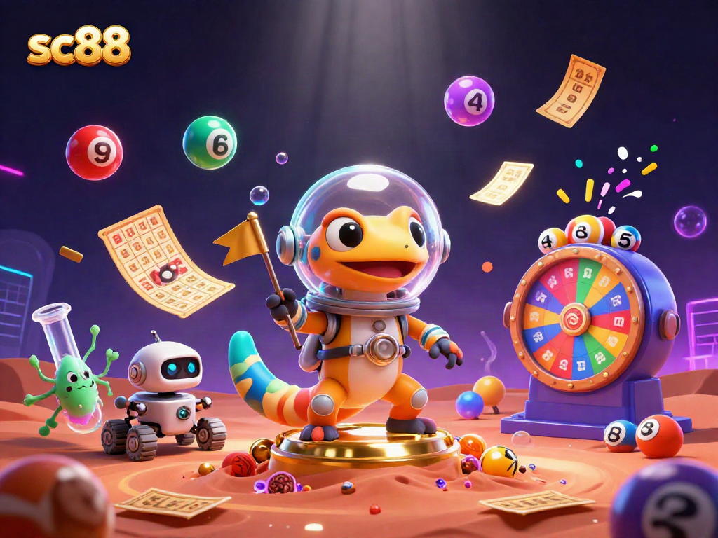 sc88 showcases a Martian gecko discovering a buried casino with vibrant lottery elements.