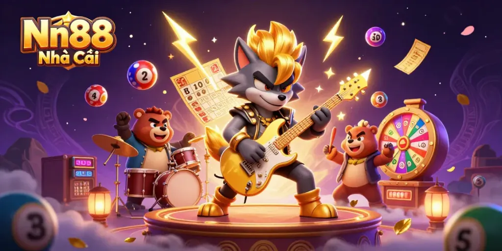 Experience the vibrant energy of Nn88 Nhà Cái with a dynamic casino stage performance featuring a rock star wolf and drummer bear.