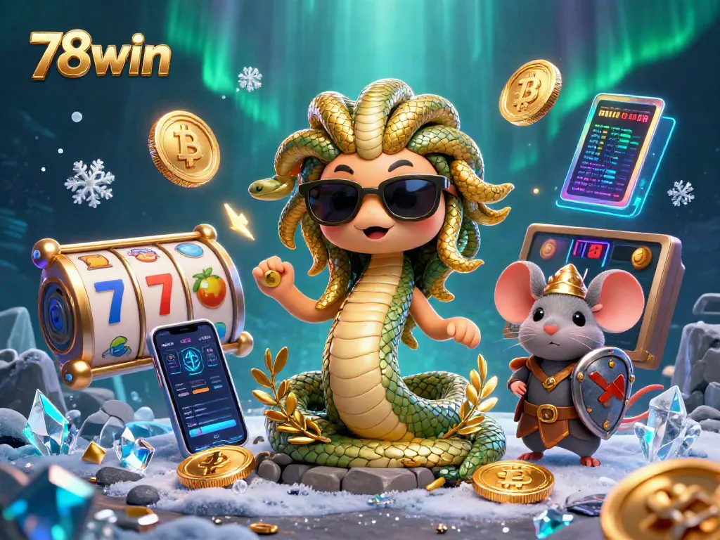 Experience dynamic gaming with 78win through a vibrant illustration of a friendly Medusa and warrior mouse, surrounded by exciting casino elements.