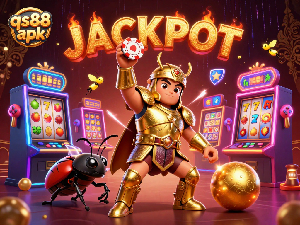 Experience the excitement of qs88 apk with a victorious hercules beetle in a dynamic casino scene filled with colorful slots and jackpots.
