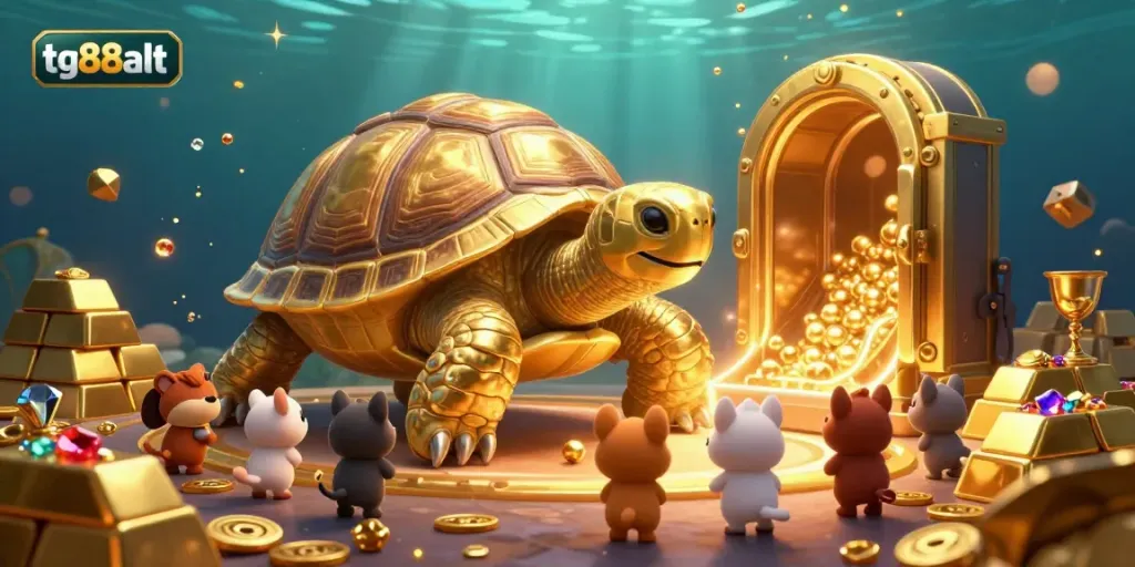Experience thrilling gameplay at tg88alt with a vibrant casino scene featuring a colossal golden tortoise and treasure elements.