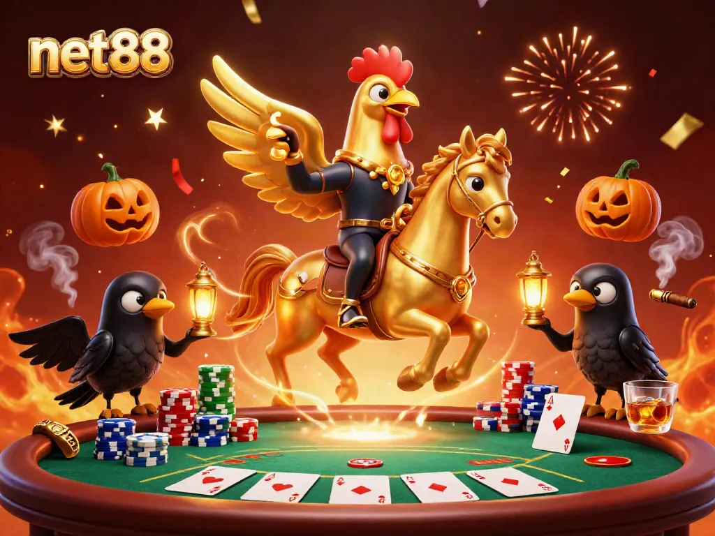 Experience net88 thrilling poker action in a vibrant midnight casino scene featuring a golden rooster and ghosts.