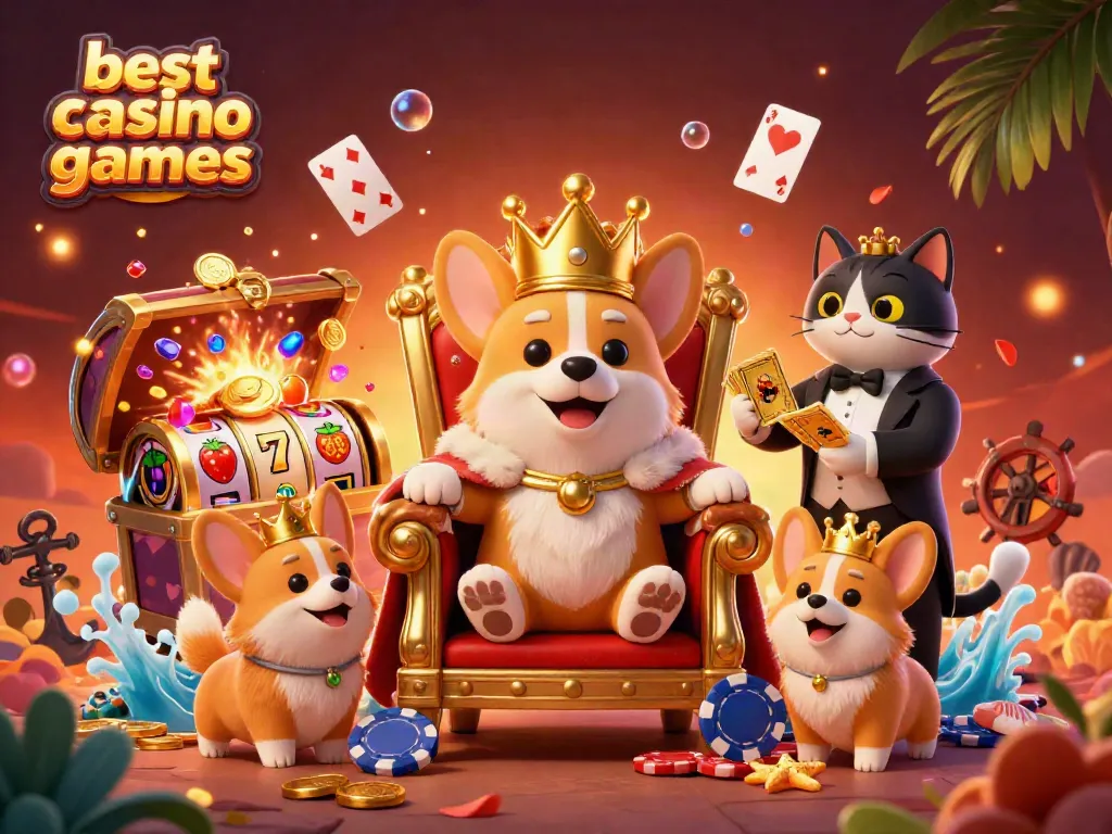 Join the royal corgi as the best online casino games unfold, featuring poker chips and playful card elements.