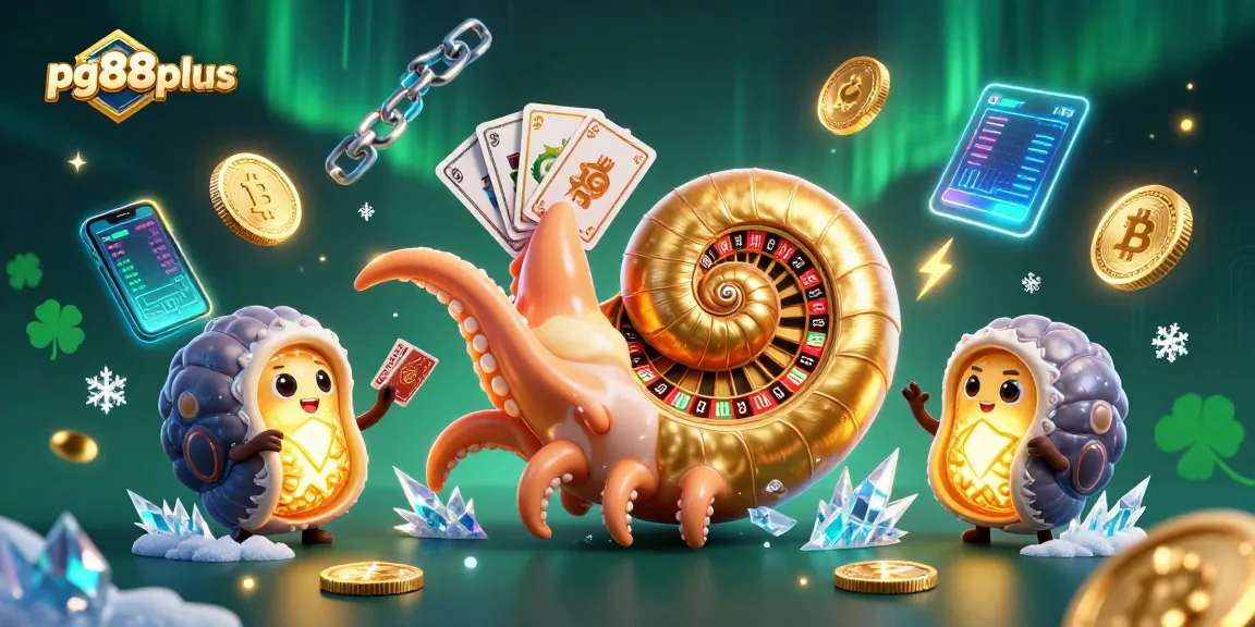 Join the fun at pg88plus with a vibrant 3D scene of a nautilus roulette wheel surrounded by crypto elements.