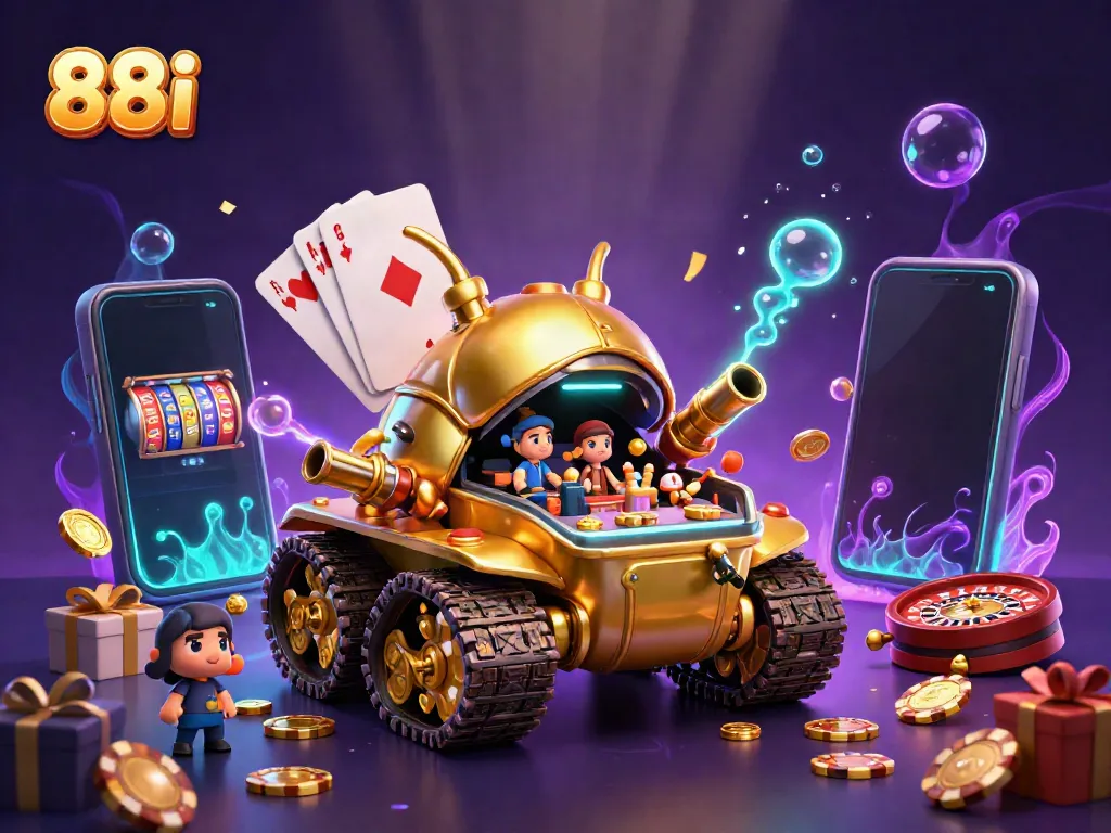 Experience exhilarating wins at 88i with a vibrant casino scene featuring a golden beetle tank and slot games.